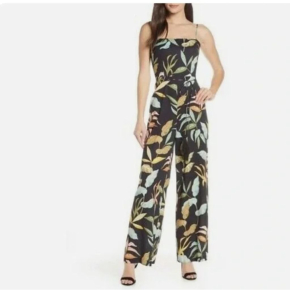 Chelsea28 Women's Tropical Print Wide Leg Sleeveless Tie Waist Jumpsuit Sz 14 - Picture 1 of 11